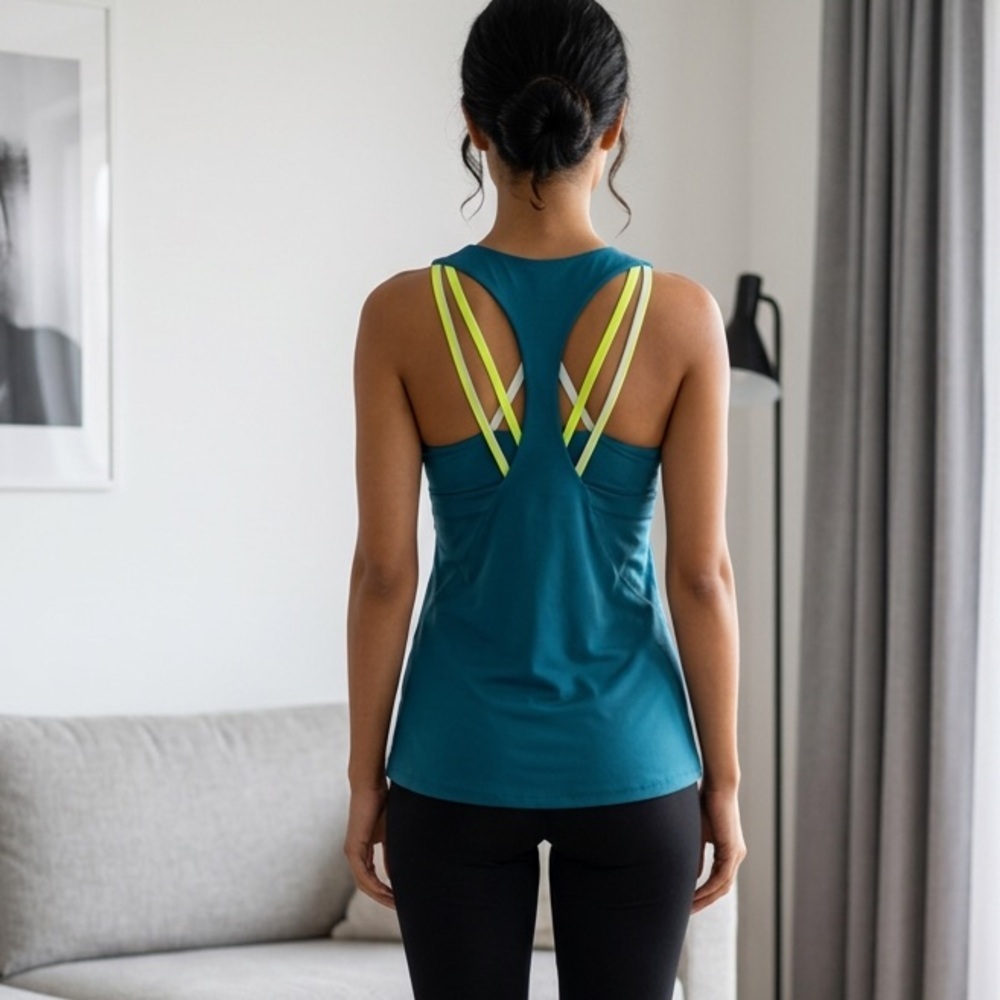 EUC Fabletics Women’s Teal Yellow Athletic Workout Tank Built in Bra - Size M